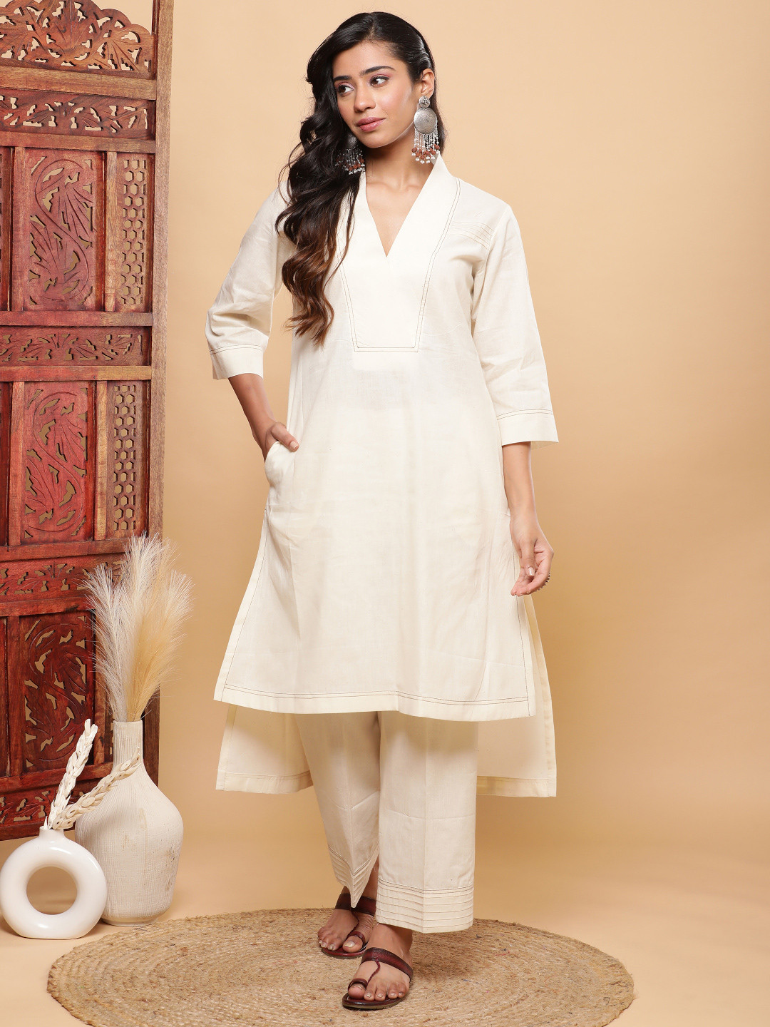 

BohoJazz High Low Ivory Kurta & Pants with Pintucks, Cream