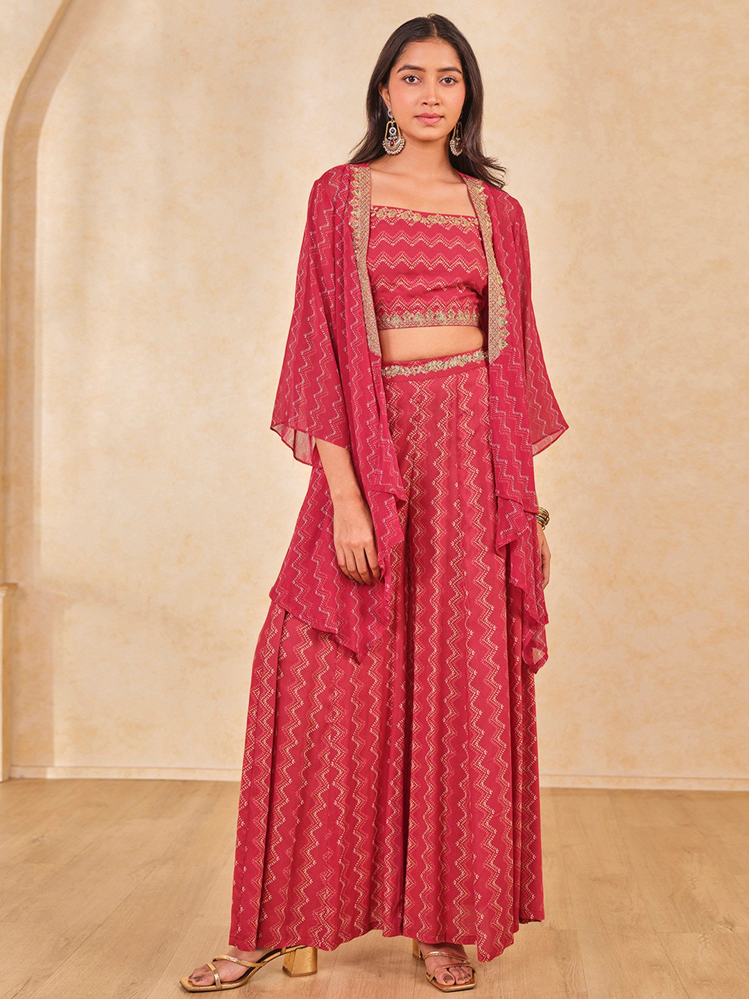 

Global Desi Shoulder Straps Top With Palazzo and Shrug Co-Ords, Red