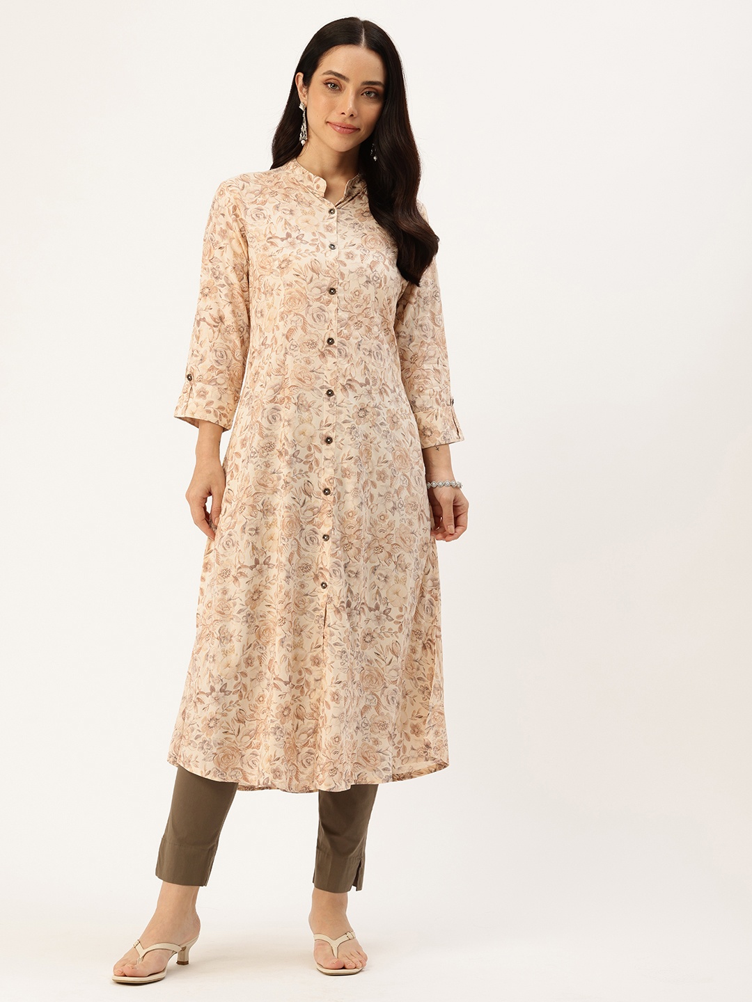 

AMUKTI Floral Printed Mandarin Collar Kurta, White