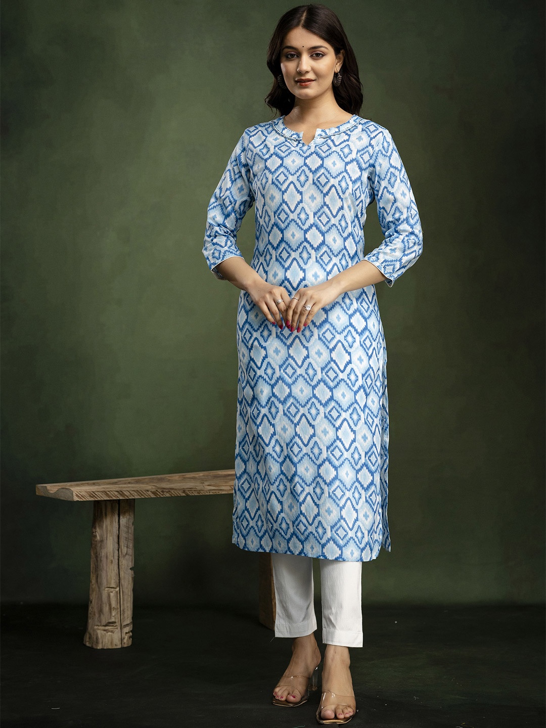 mokshi Geometric Printed Cotton Kurta, Blue
