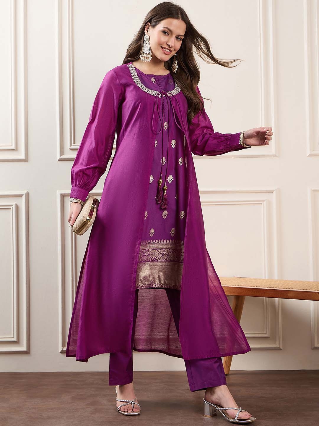 

House of Pataudi Woven Design Kurta & Palazzo With Jacket, Purple