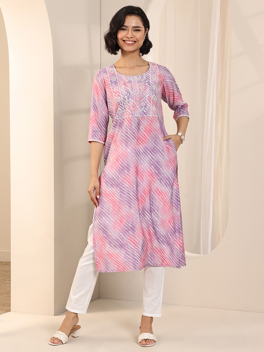 

Libas Women Leheriya Printed Thread Work Kurta, Lavender