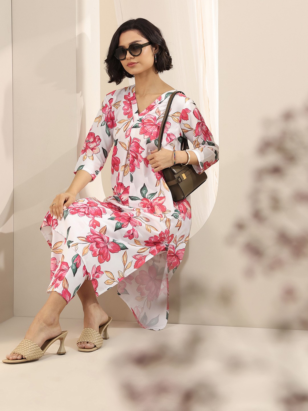 

Libas Women Floral Printed Pleated Kurta with Trousers, White