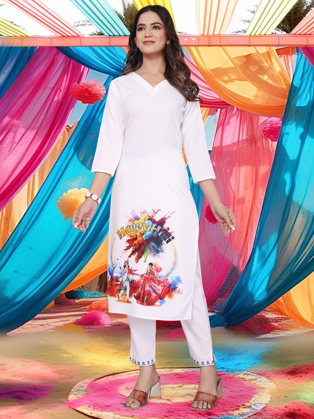 

KALINI Geometric Printed Round Neck Straight Kurta, White