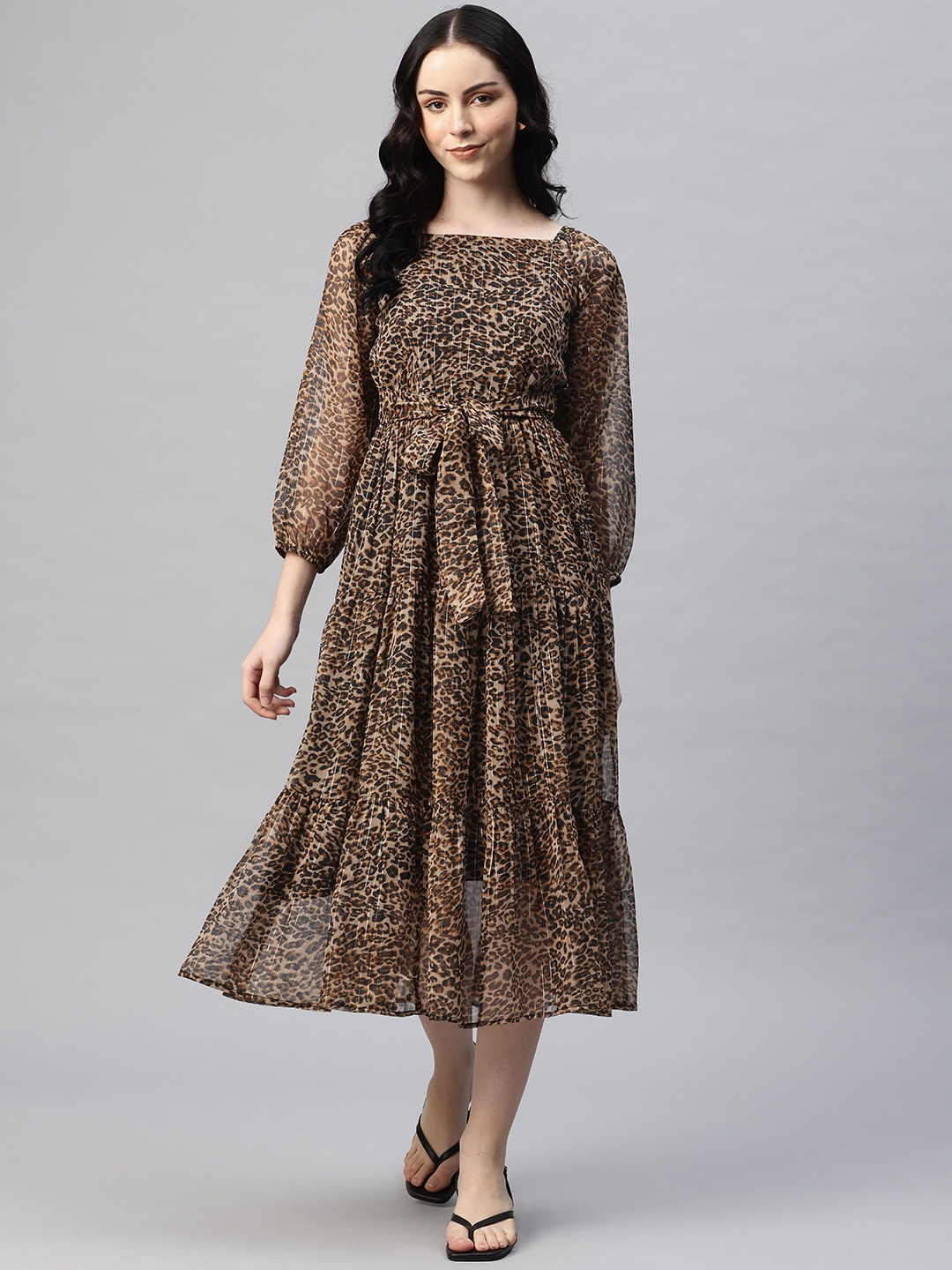 

Cottinfab Animal Print Puff Sleeve Fit & Flare Midi Tiered Dress, Brown