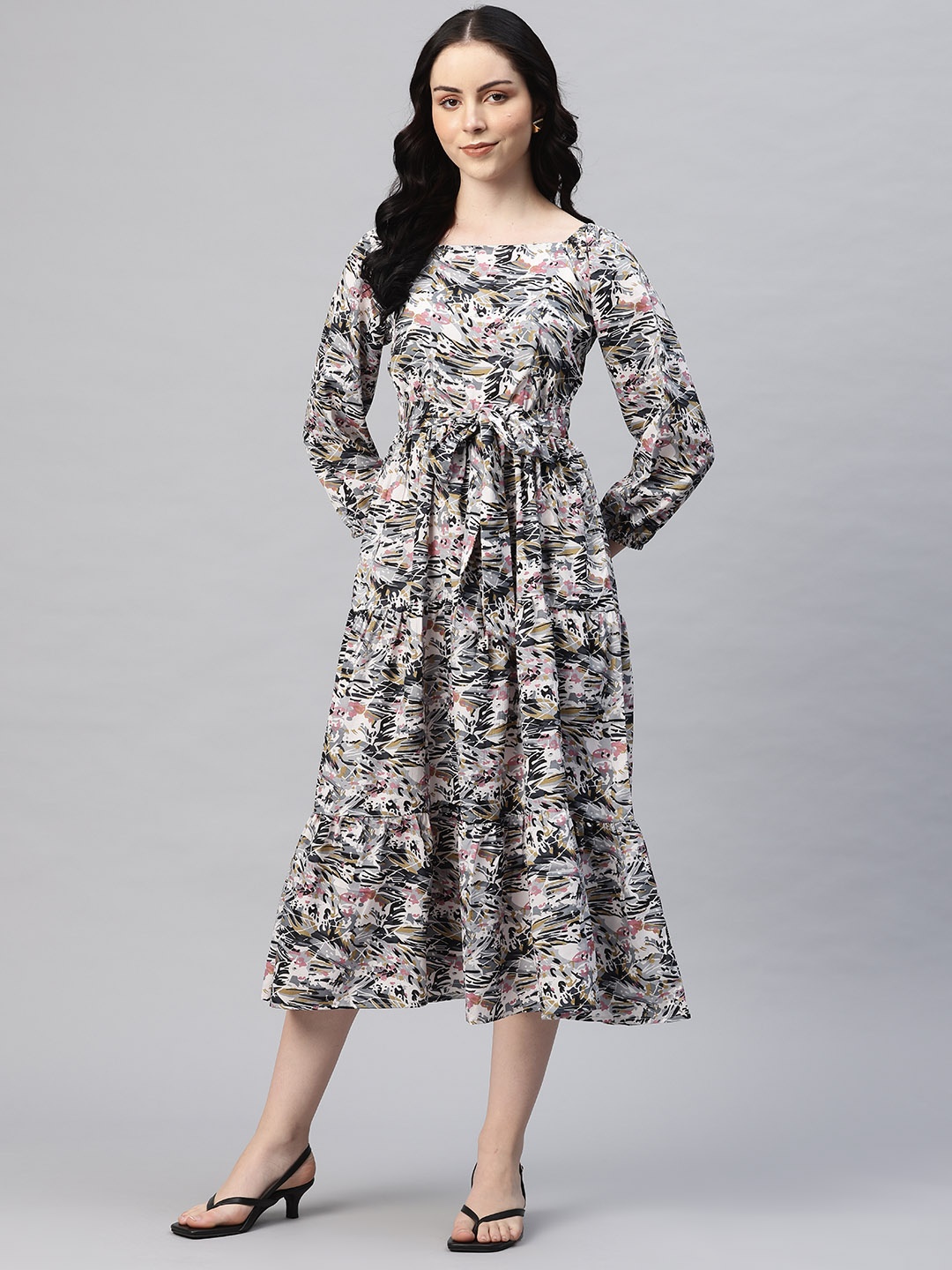 

Cottinfab Printed Puff Sleeve Tiered Fit & Flare Dress, Black