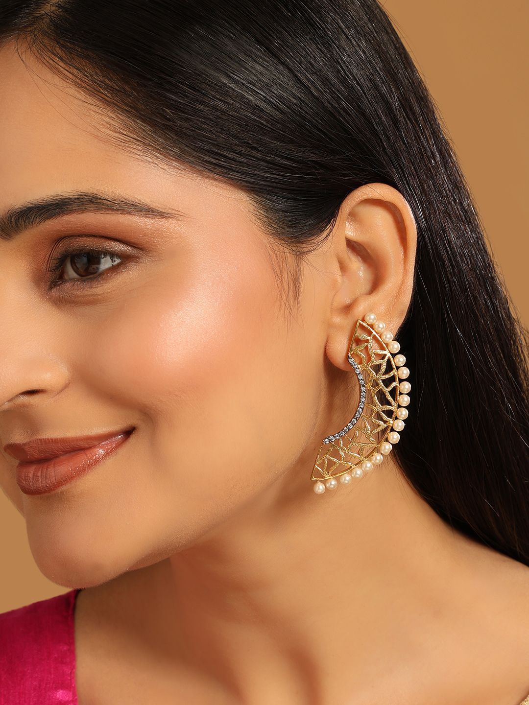 

Yinara 22K Gold-Plated Stones Studded & Beaded Contemporary Shaped Jhumkas
