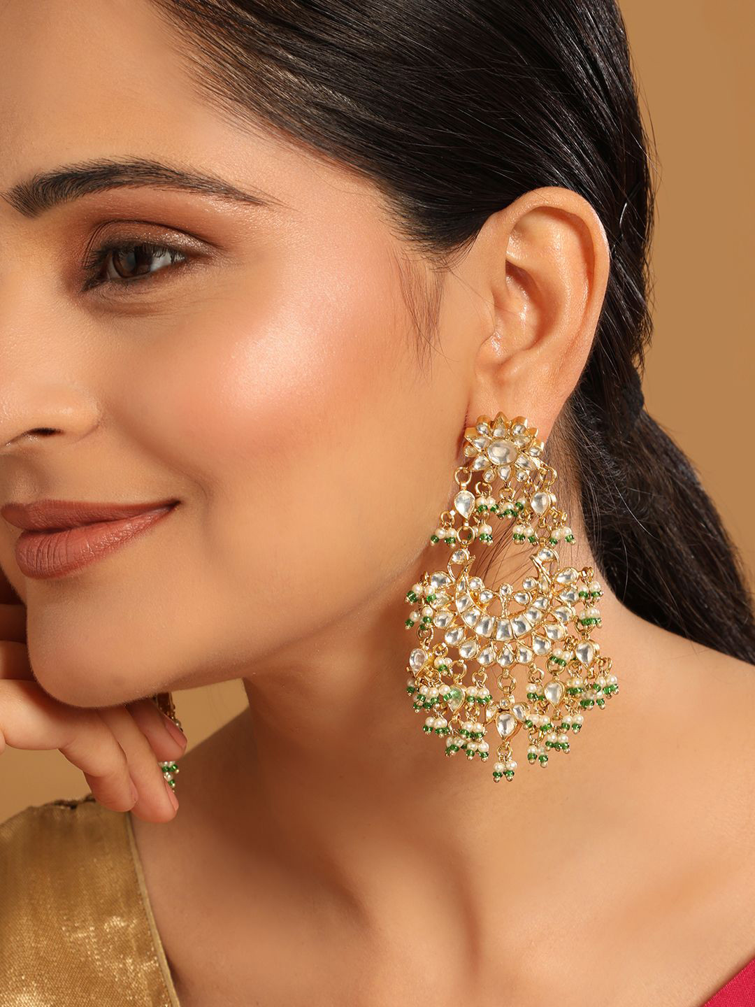 

Yinara 22K Gold-Plated Kundan Studded & Beaded Crescent Shaped Chandbalis
