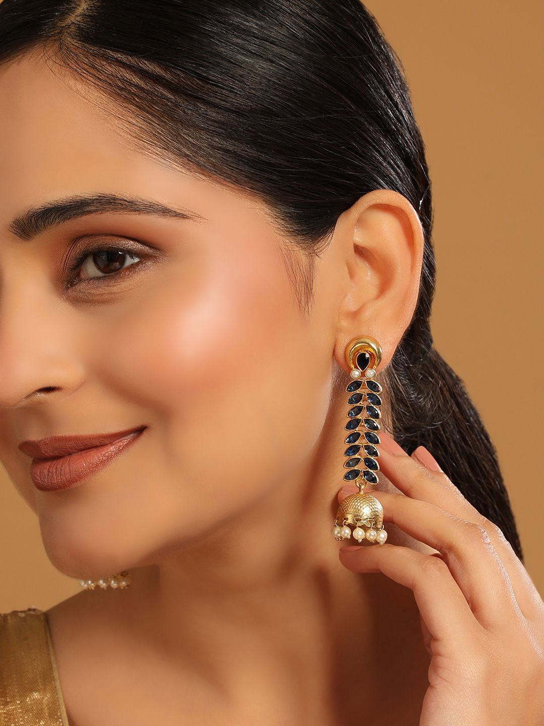 

Yinara 22K Gold-Plated Blue Onyx & Pearl Studded Dome Shaped Jhumkas