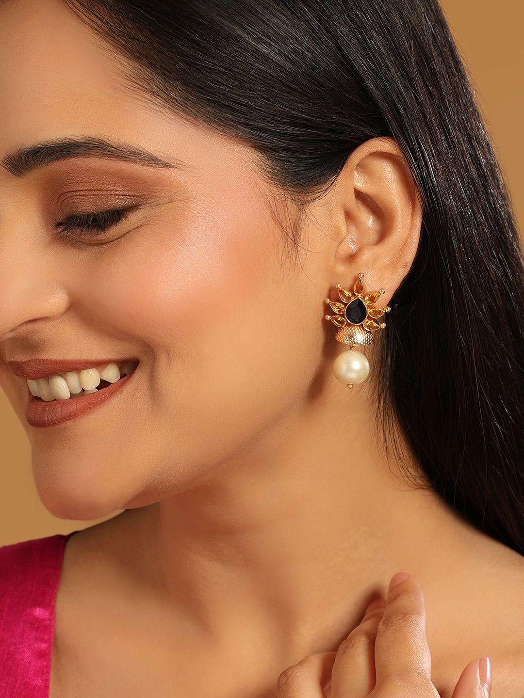 

Yinara 22K Gold Plated Pearls Studded Contemporary Drop Earrings