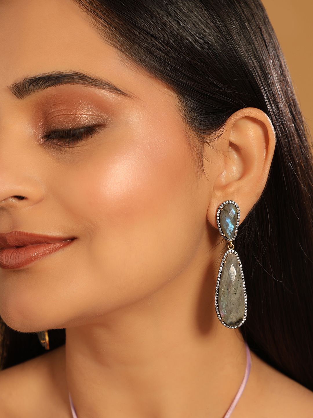 Yinara 22K Gold Plated Labradorite Stone Contemporary Drop Earrings