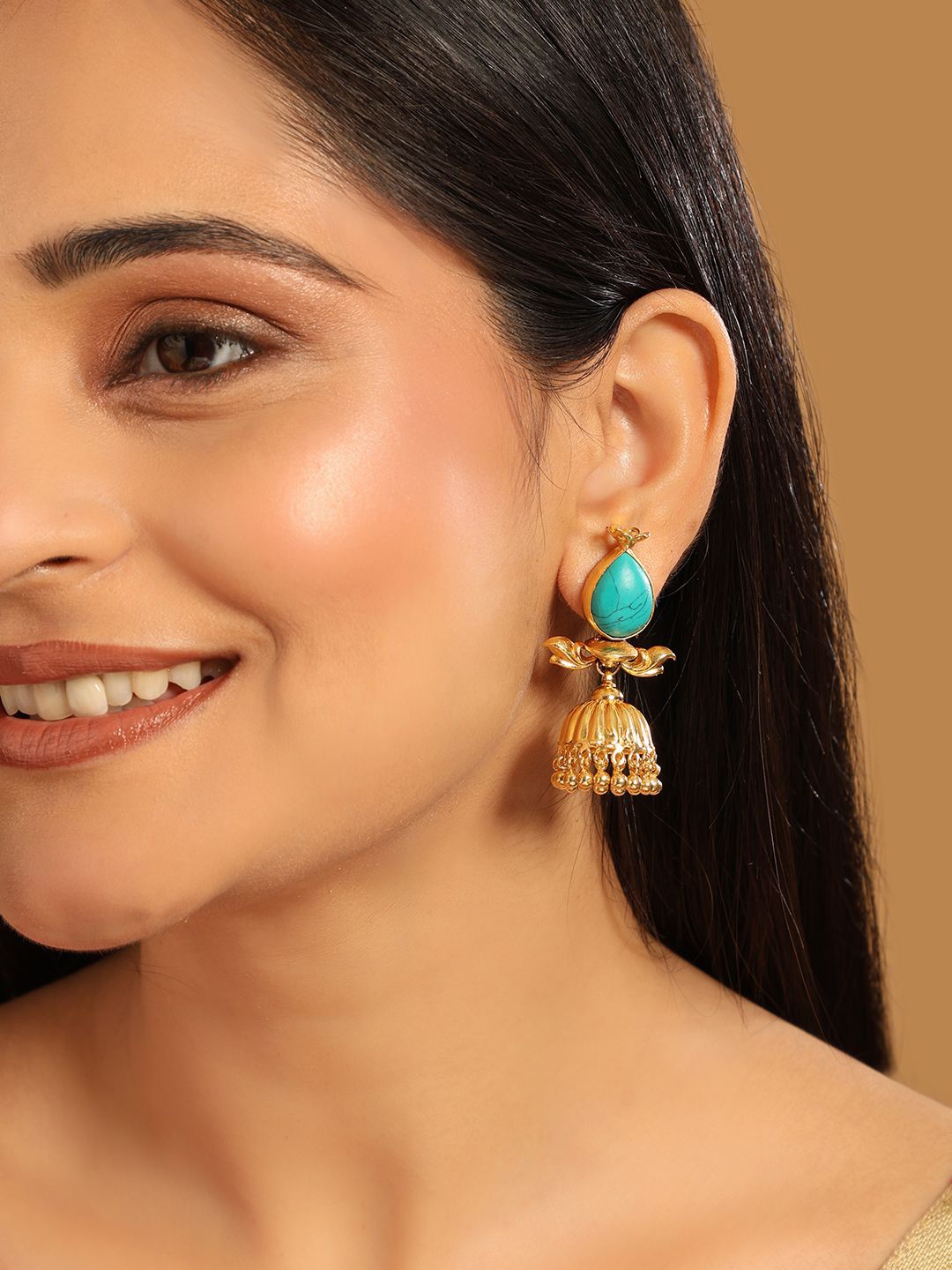 

Yinara 22K Gold Plated Turquoise Studded Dome Shaped Jhumkas