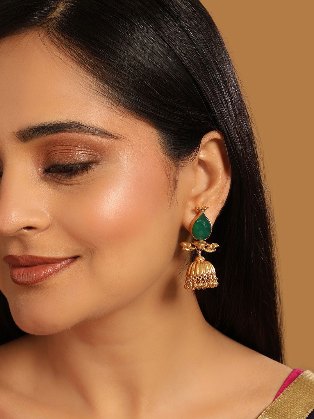 

Yinara 22K Gold Plated Crystals Studded Dome Shaped Jhumkas