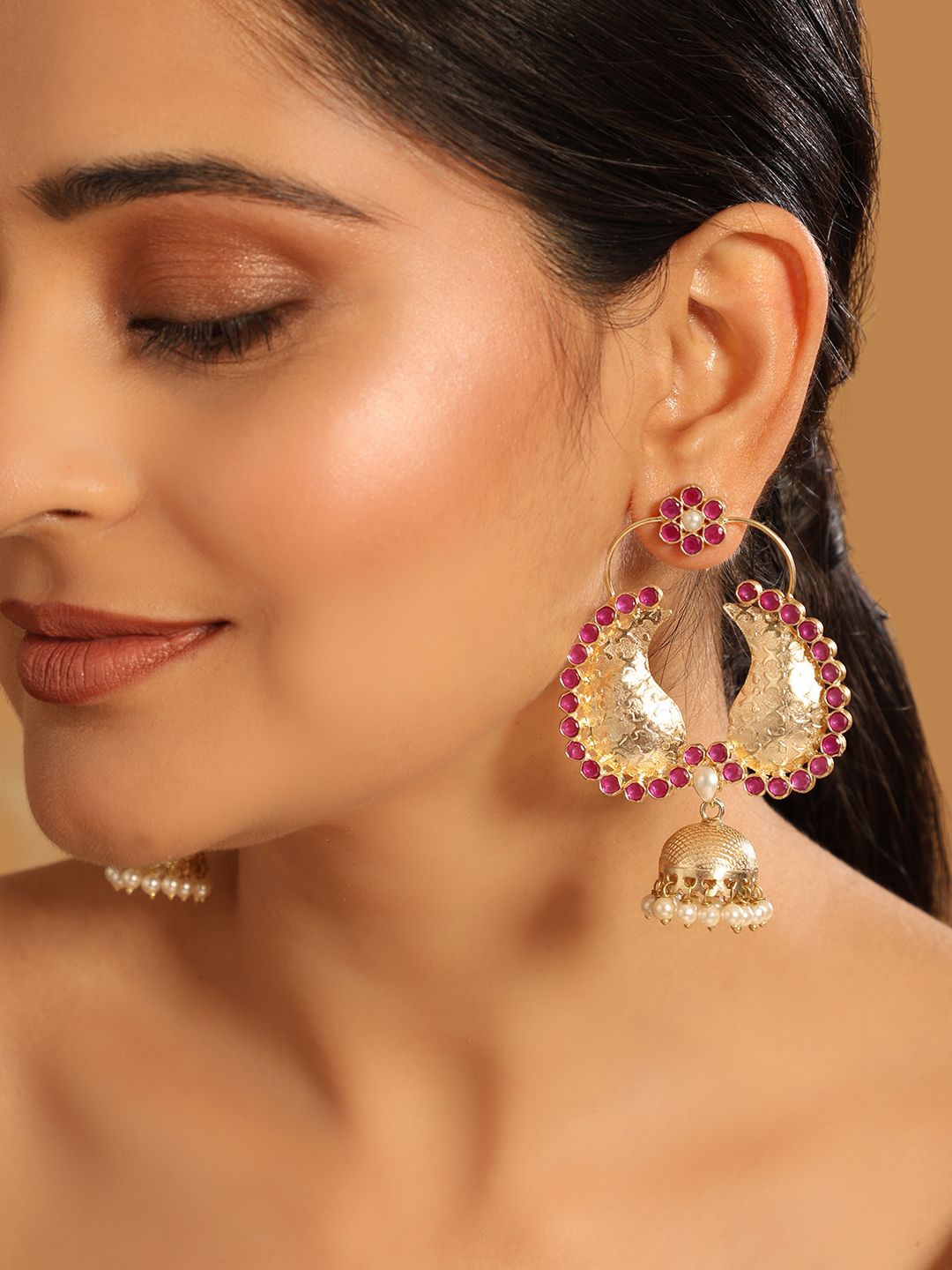 

Yinara 22K Gold Plated Pearls Studded Dome Shaped Jhumkas