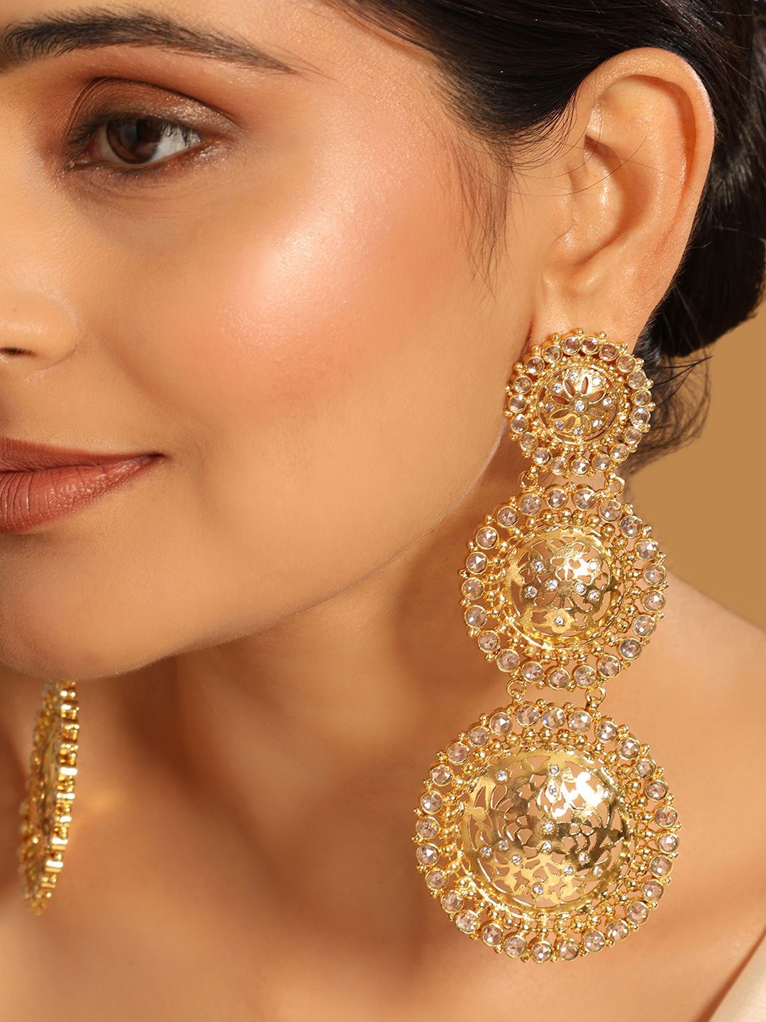 

Yinara 22K Gold Plated Stone Studded Contemporary Shaped Drop Earrings