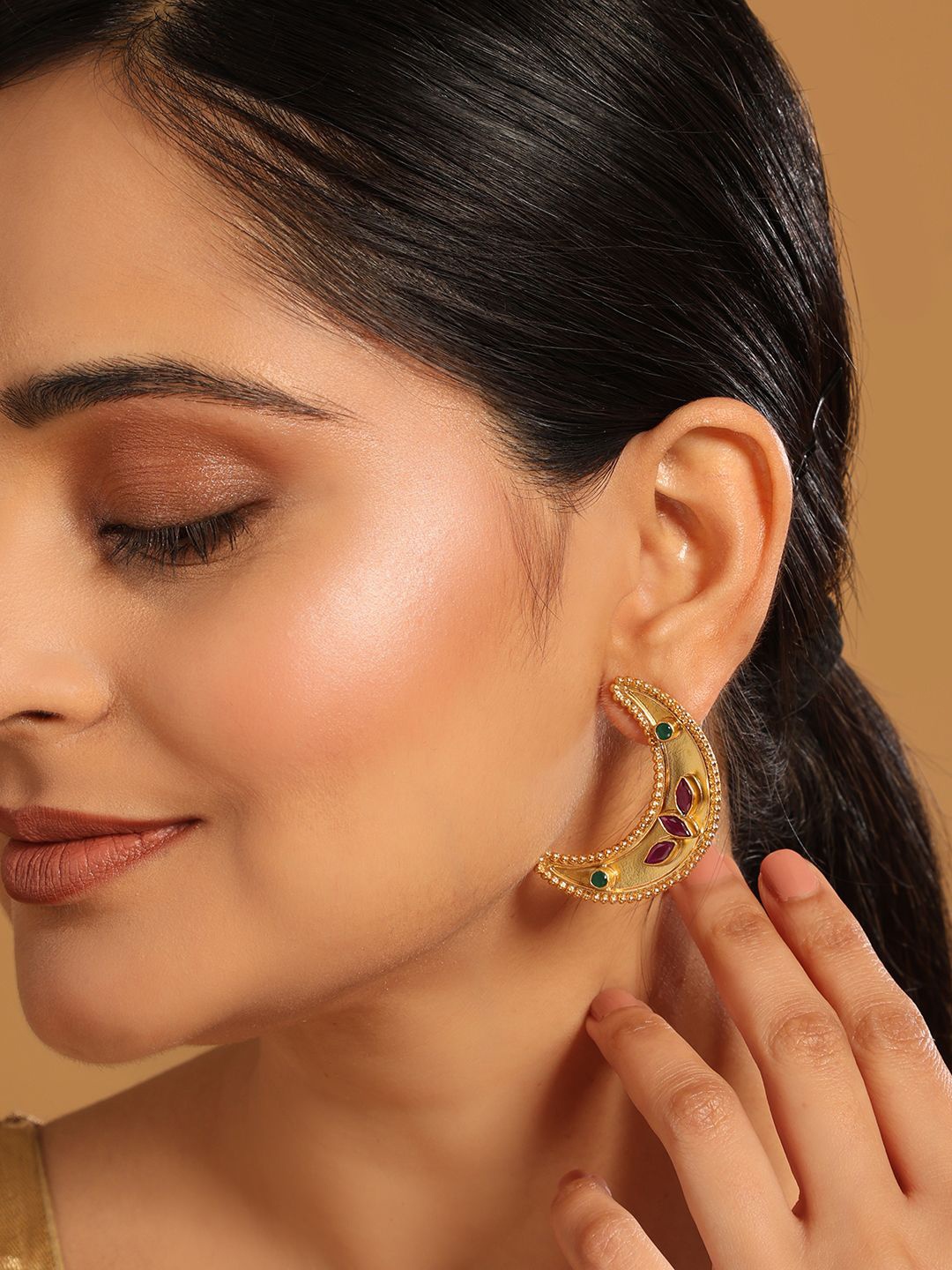 

Yinara 22K Gold Plated Crystals Studded Crescent Shaped Drop Earrings