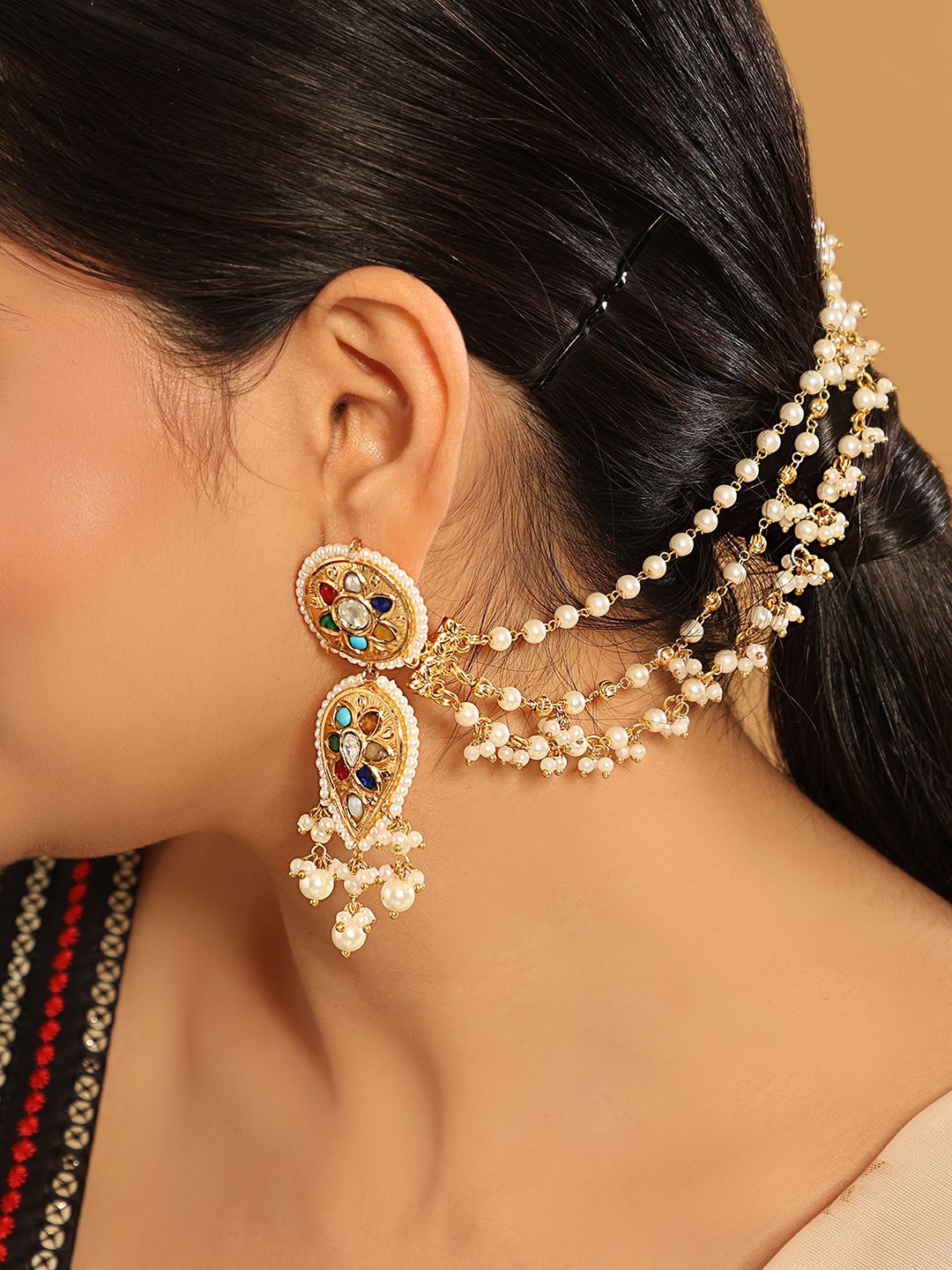 

Yinara 22K Gold Plated Pearls Studded Contemporary Shaped Ear Chain