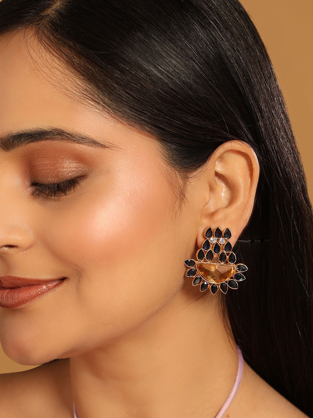 

Yinara 22K Gold Plated Crystals Studded Contemporary Shaped Drop Earrings