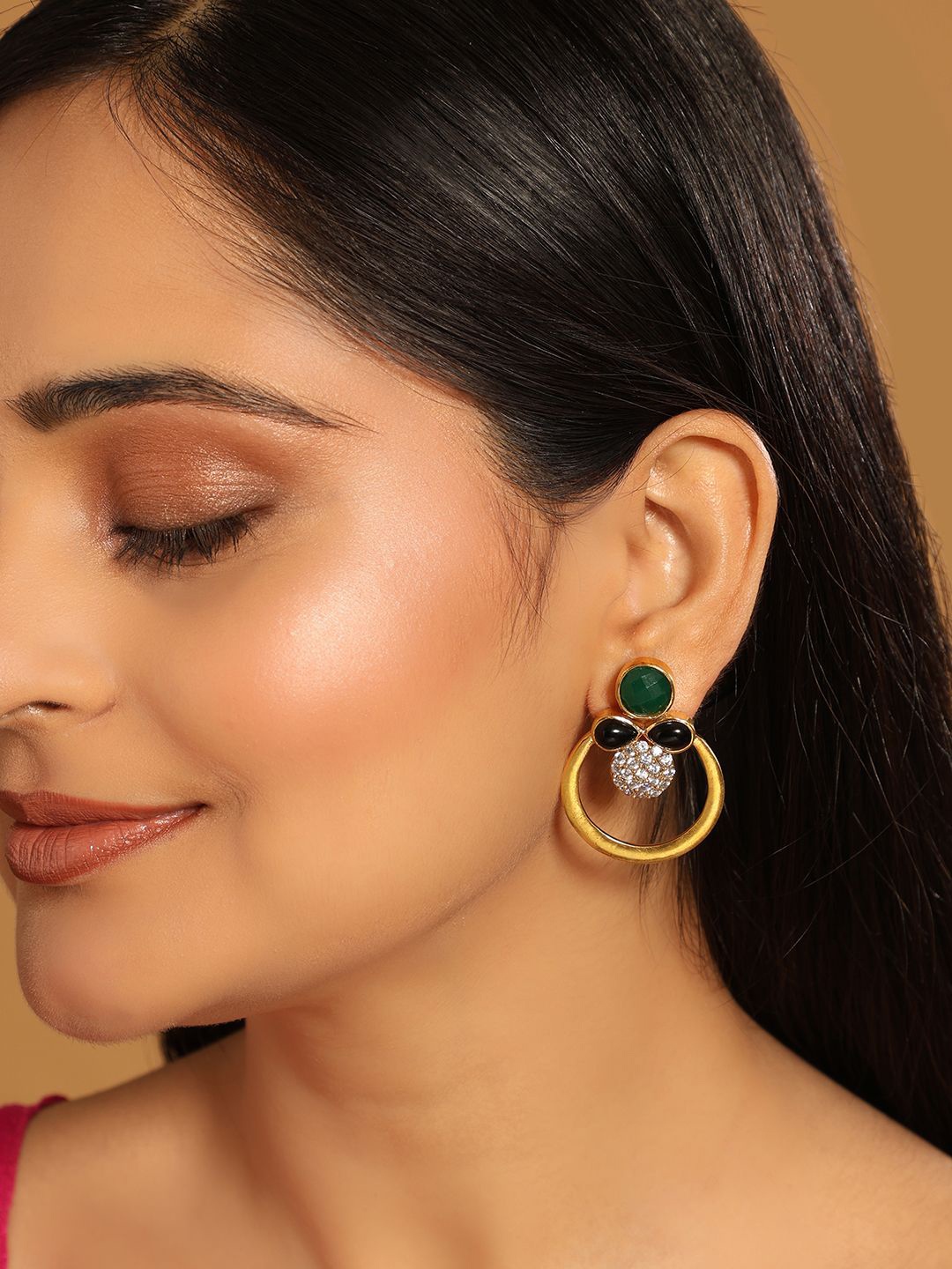 

Yinara 22K Gold Plated Cubic Zirconia Studded Contemporary Stone Earrings
