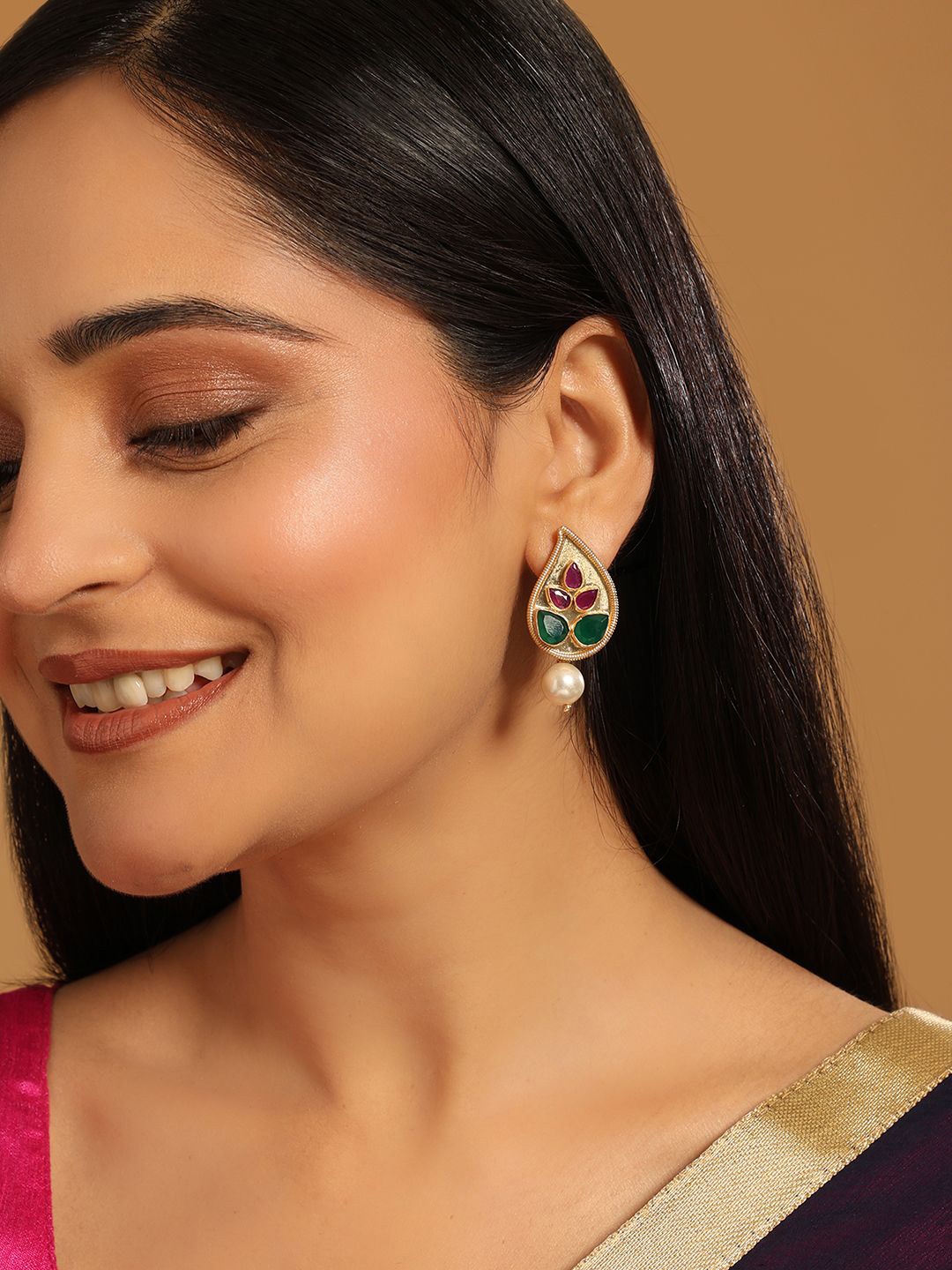 

Yinara 22K Gold Plated Pearls Studded Contemporary Shaped Drop Earrings