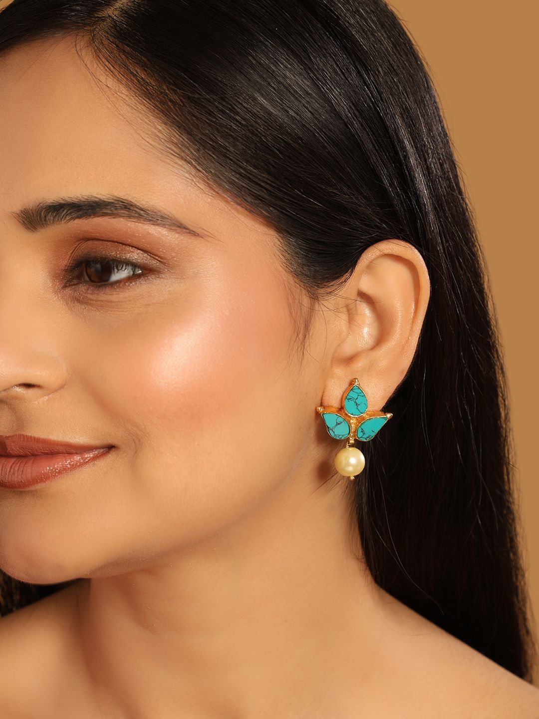 

Yinara 22K Gold Plated Turquoise Studded Contemporary Shaped Studs