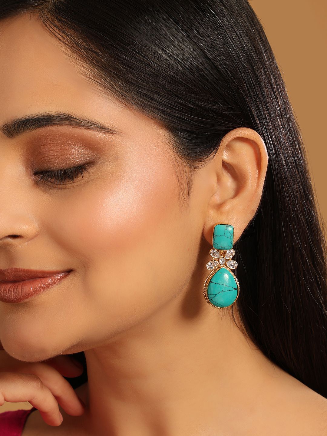

Yinara 22K Gold Plated Turquoise Stone Studded Contemporary Drop Earrings