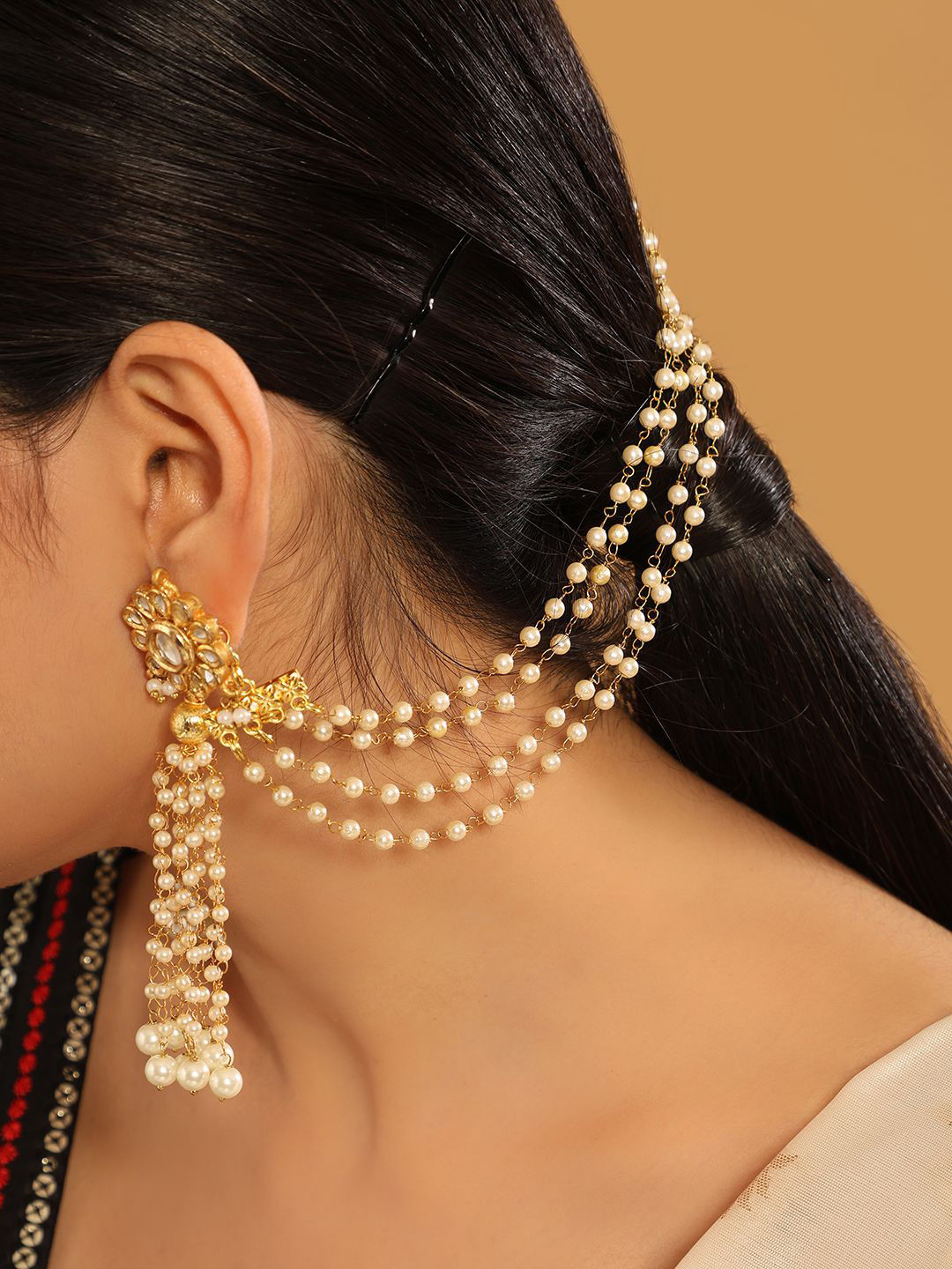 

Yinara 22K Gold Plated Pearls Studded Contemporary Shaped Ear Chain