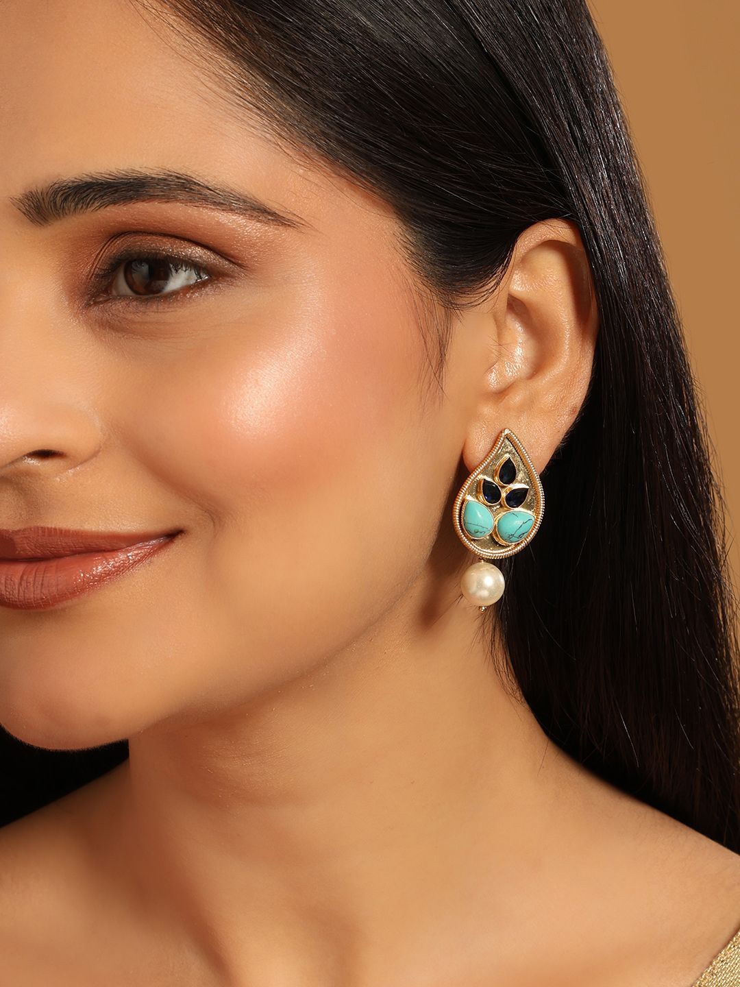 

Yinara 22K Gold Plated Turquoise Studded Contemporary Shaped Drop Earrings