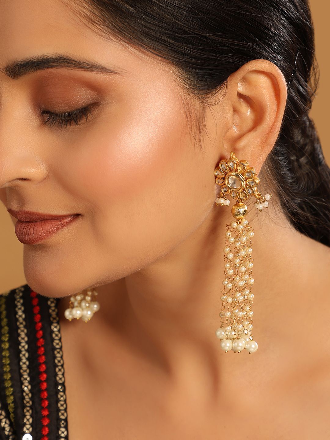 

Yinara 22K Gold Plated Pearls Studded Contemporary Shaped Drop Earrings