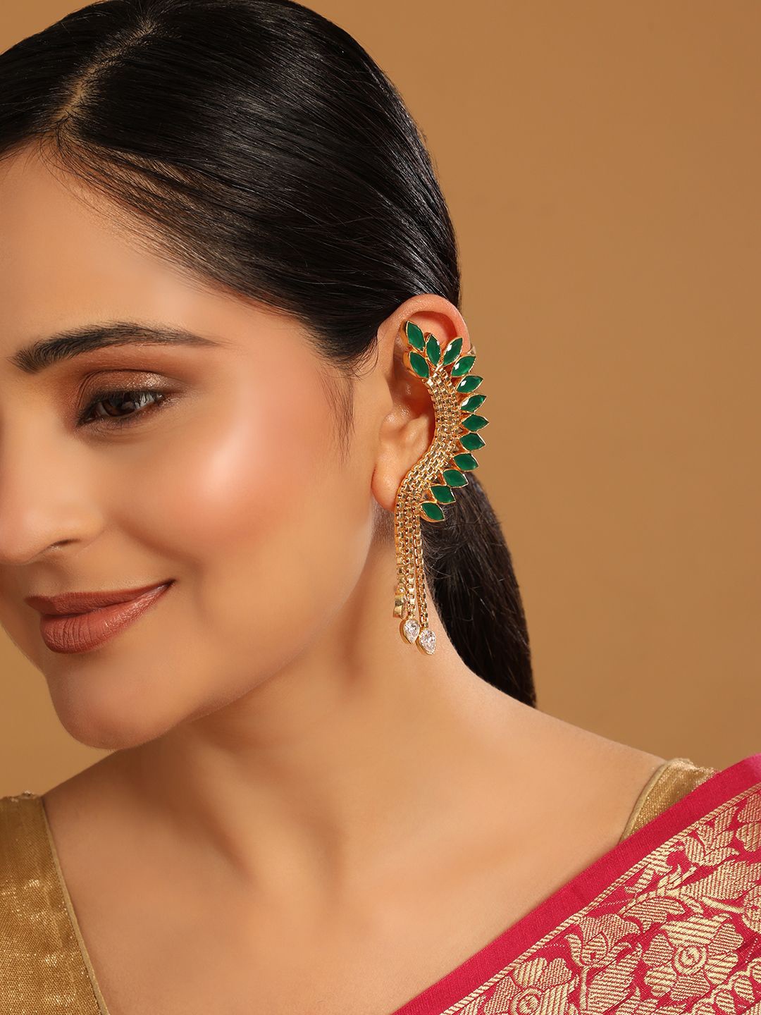 

Yinara 22K Gold Plated Faux Emerald Studded Contemporary Ear Cuff Earrings