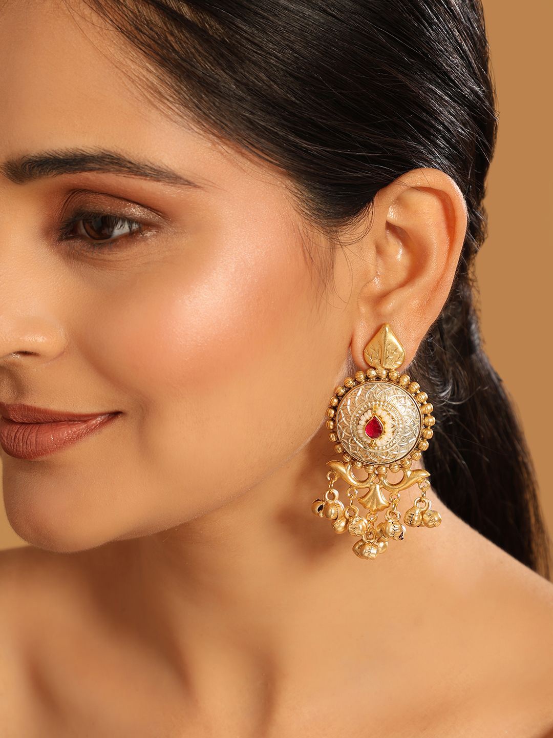 

Yinara 22K Gold Plated Rhinestone Studded Contemporary Shaped Drop Earrings