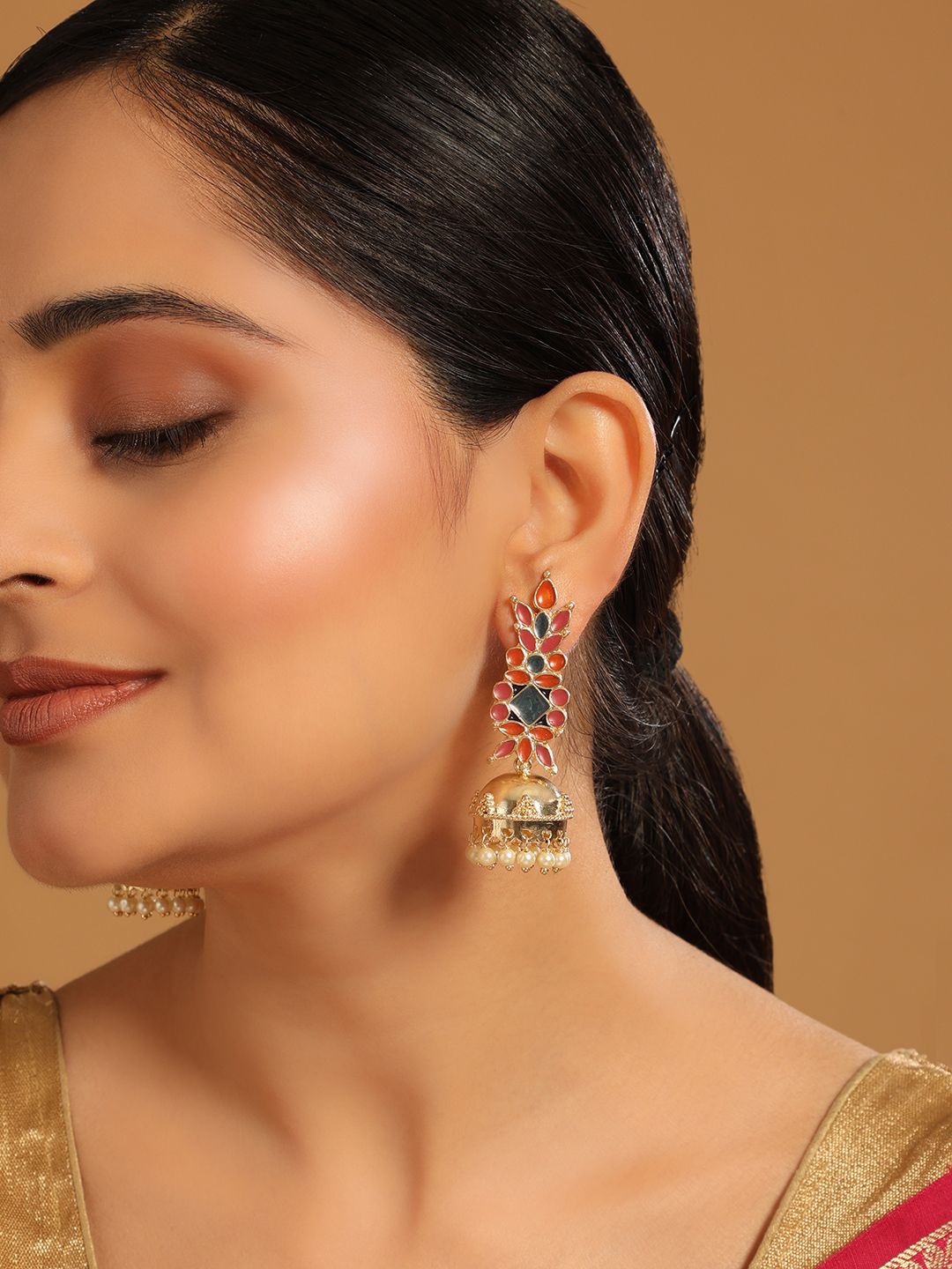 

Yinara 22K Gold Plated Enamel & Beaded Dome Shaped Jhumka Earrings