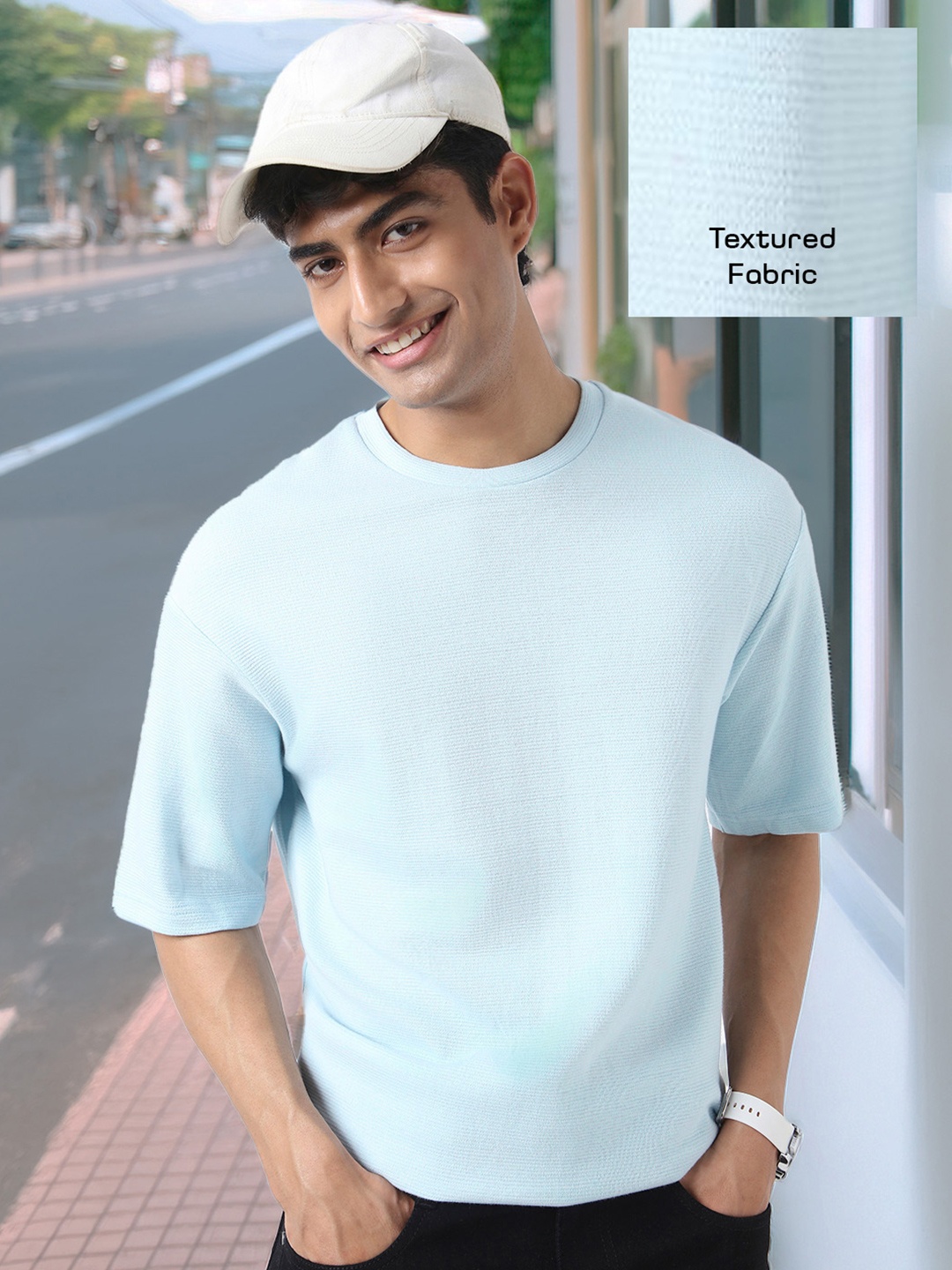 

Urbano Fashion Men Cotton Textured Round Neck Oversized Half Sleeve T-Shirt, Blue