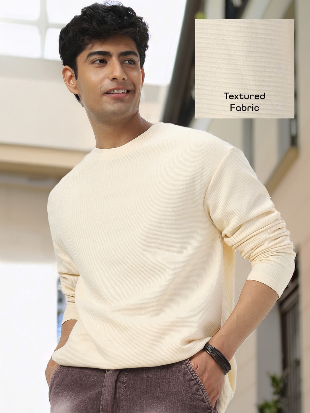 

Urbano Fashion Men Cotton Textured Round Neck Oversized Full Sleeve T-Shirt, Cream