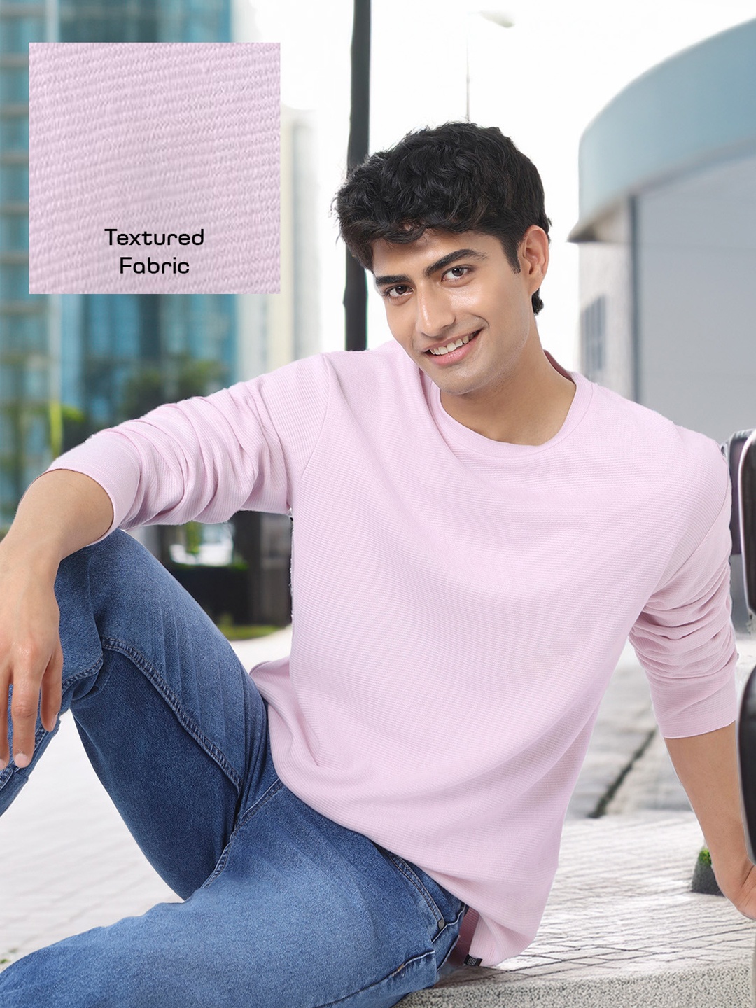 

Urbano Fashion Men Textured Round Neck Oversized Full Sleeve Cotton T-Shirt, Purple