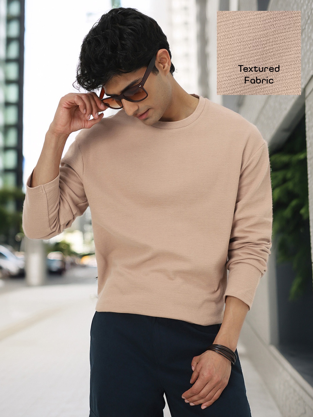 

Urbano Fashion Men's Ginger Root Textured Round Neck Oversized Full Sleeve Cotton T-Shirt, Navy blue