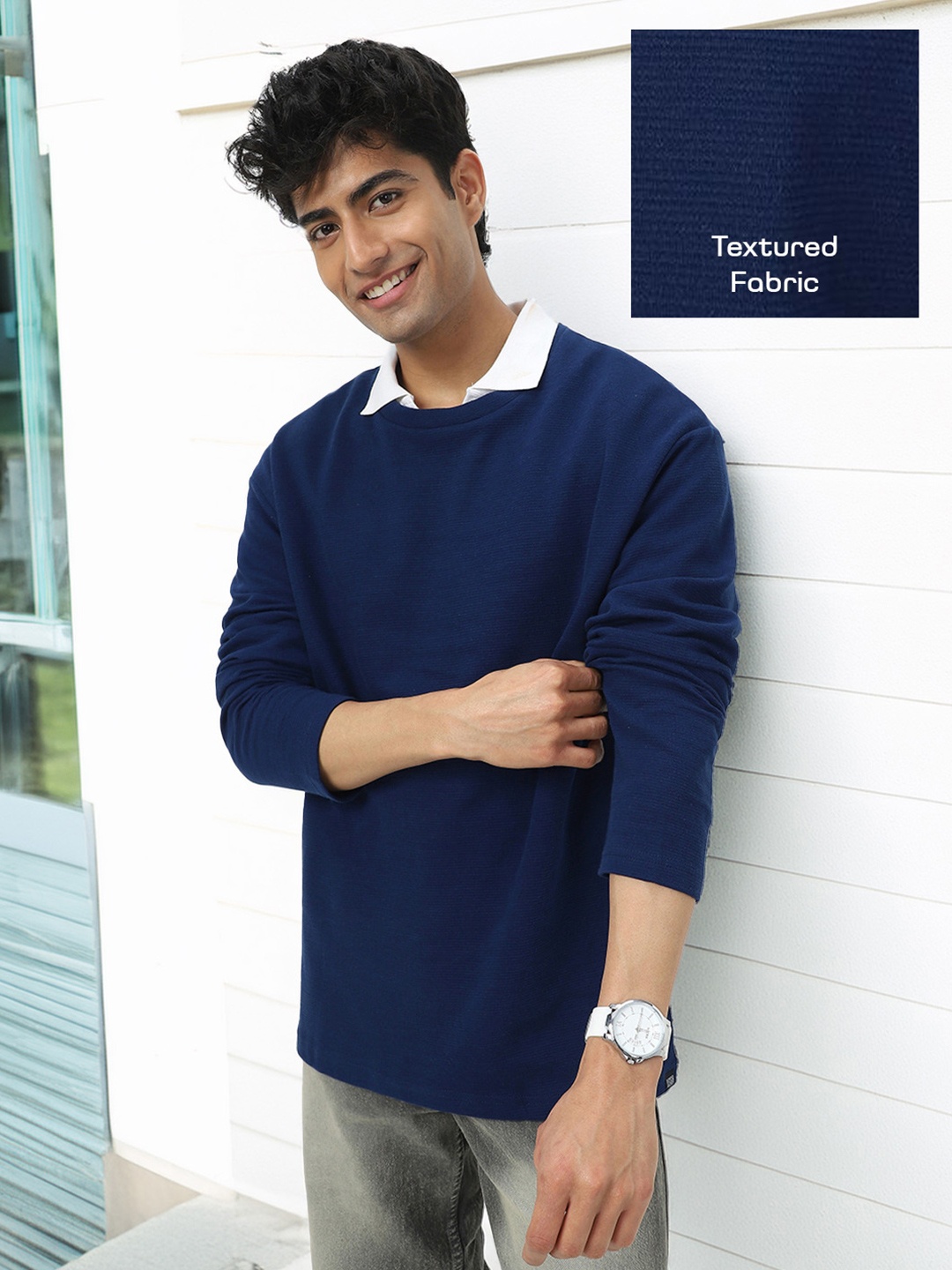 

Urbano Fashion Men Cotton Textured Round Neck Oversized Full Sleeve T-Shirt, Navy blue