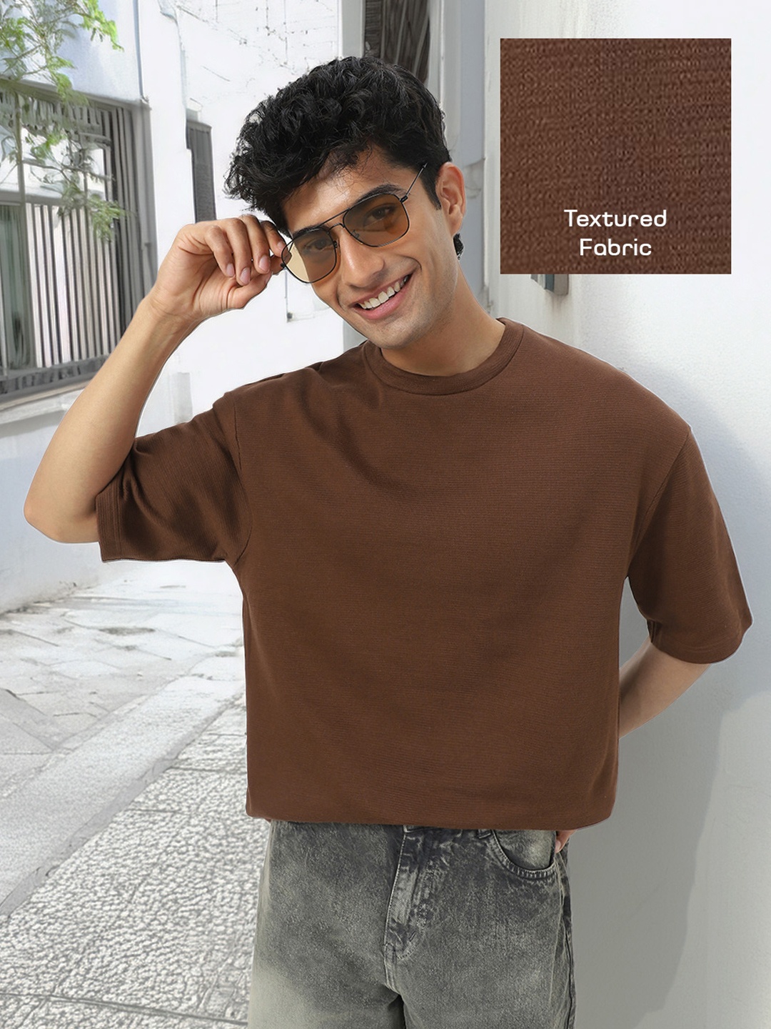 

Urbano Fashion Men's Chocolate Brown Textured Oversized Half Sleeve Cotton T-Shirt