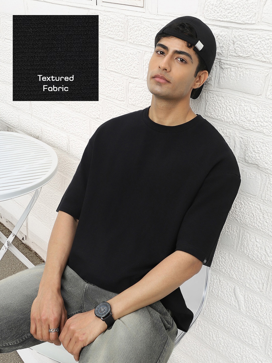 

Urbano Fashion Men Cotton Textured Round Neck Oversized Half Sleeve T-Shirt, Black