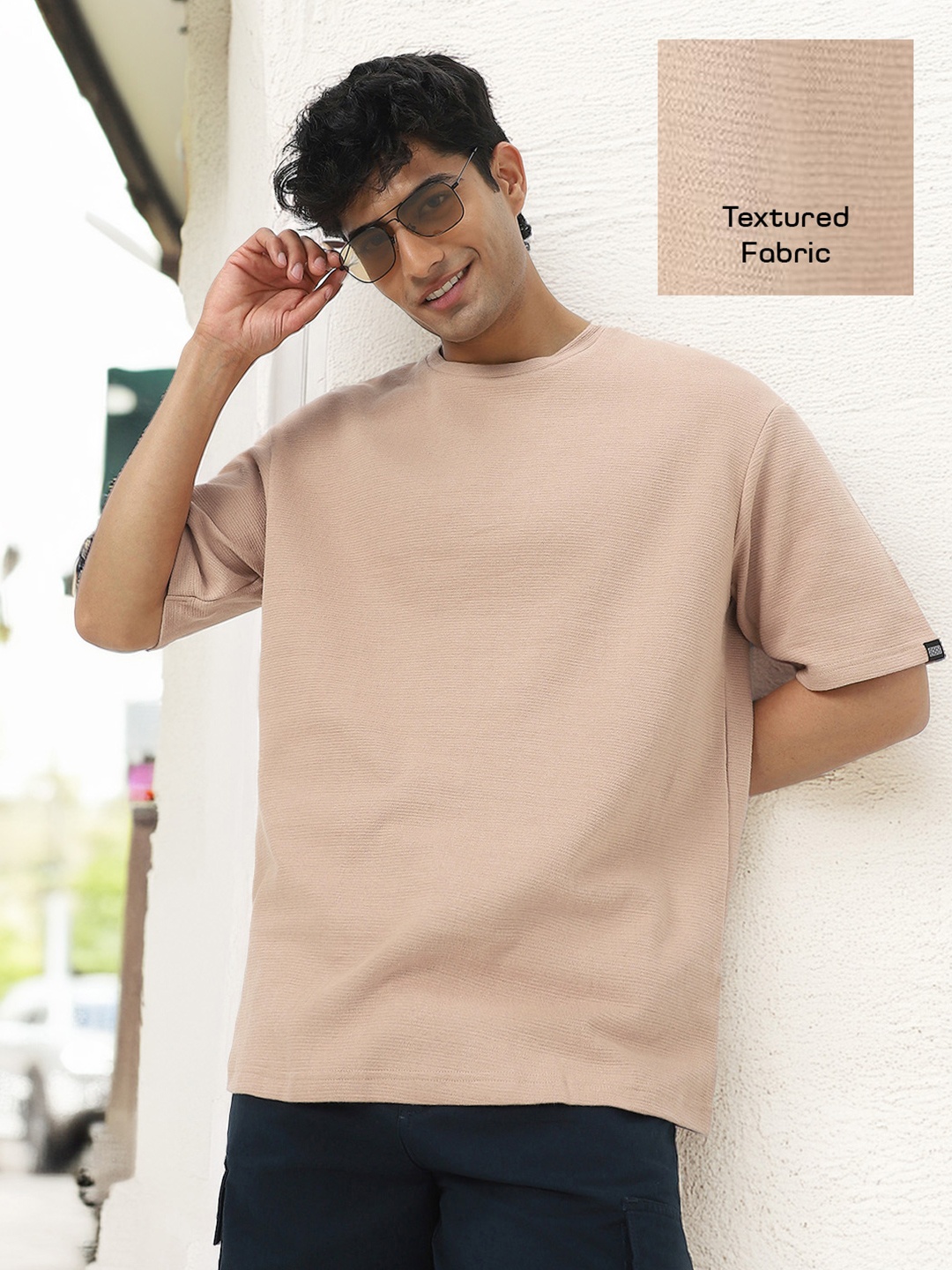 

Urbano Fashion Men Textured Round Neck Oversized Half Sleeve Cotton T-Shirt, Brown