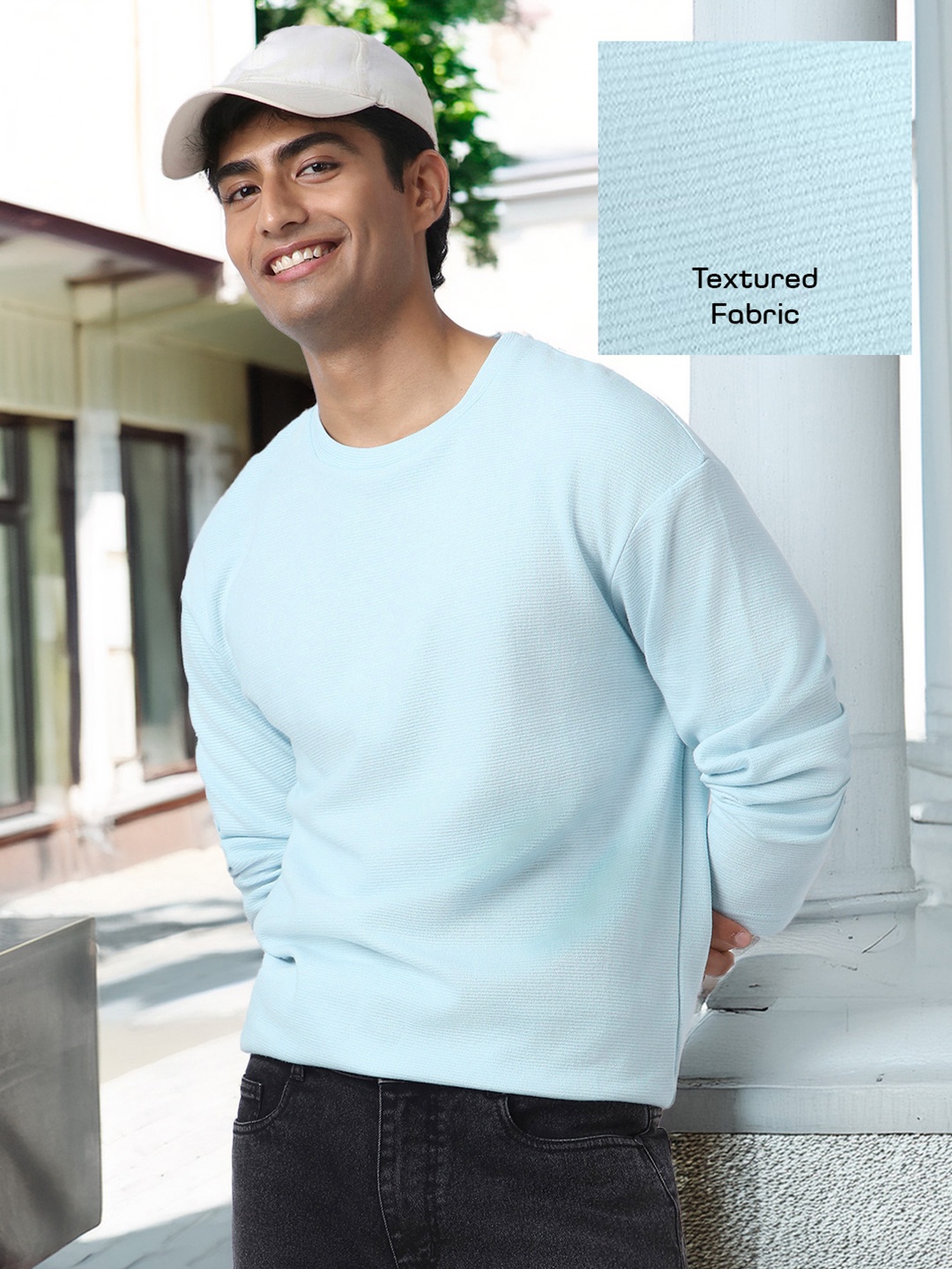 

Urbano Fashion Men Textured Round Neck Oversized Full Sleeve Cotton T-Shirt, Blue