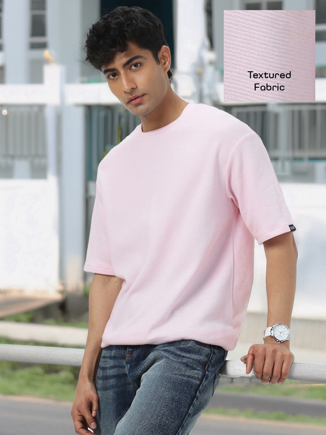 

Urbano Fashion Men Cotton Textured Round Neck Oversized Half Sleeve T-Shirt, Purple