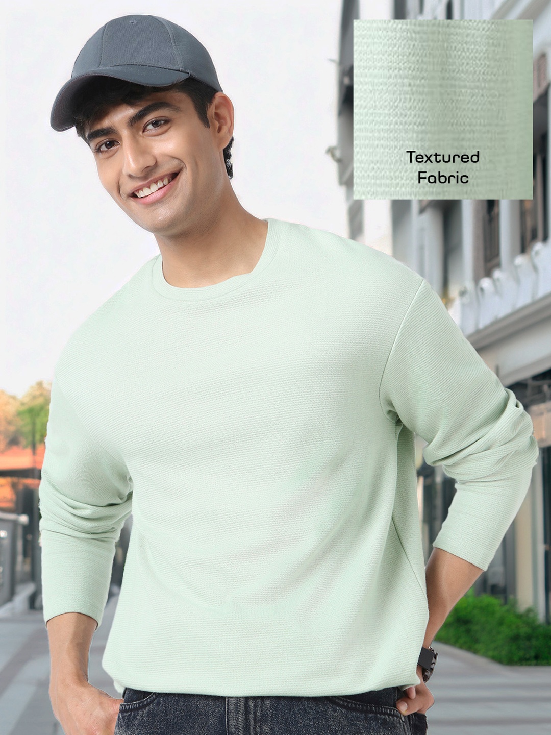 

Urbano Fashion Men Textured Round Neck Oversized Full Sleeve Cotton T-Shirt, Green