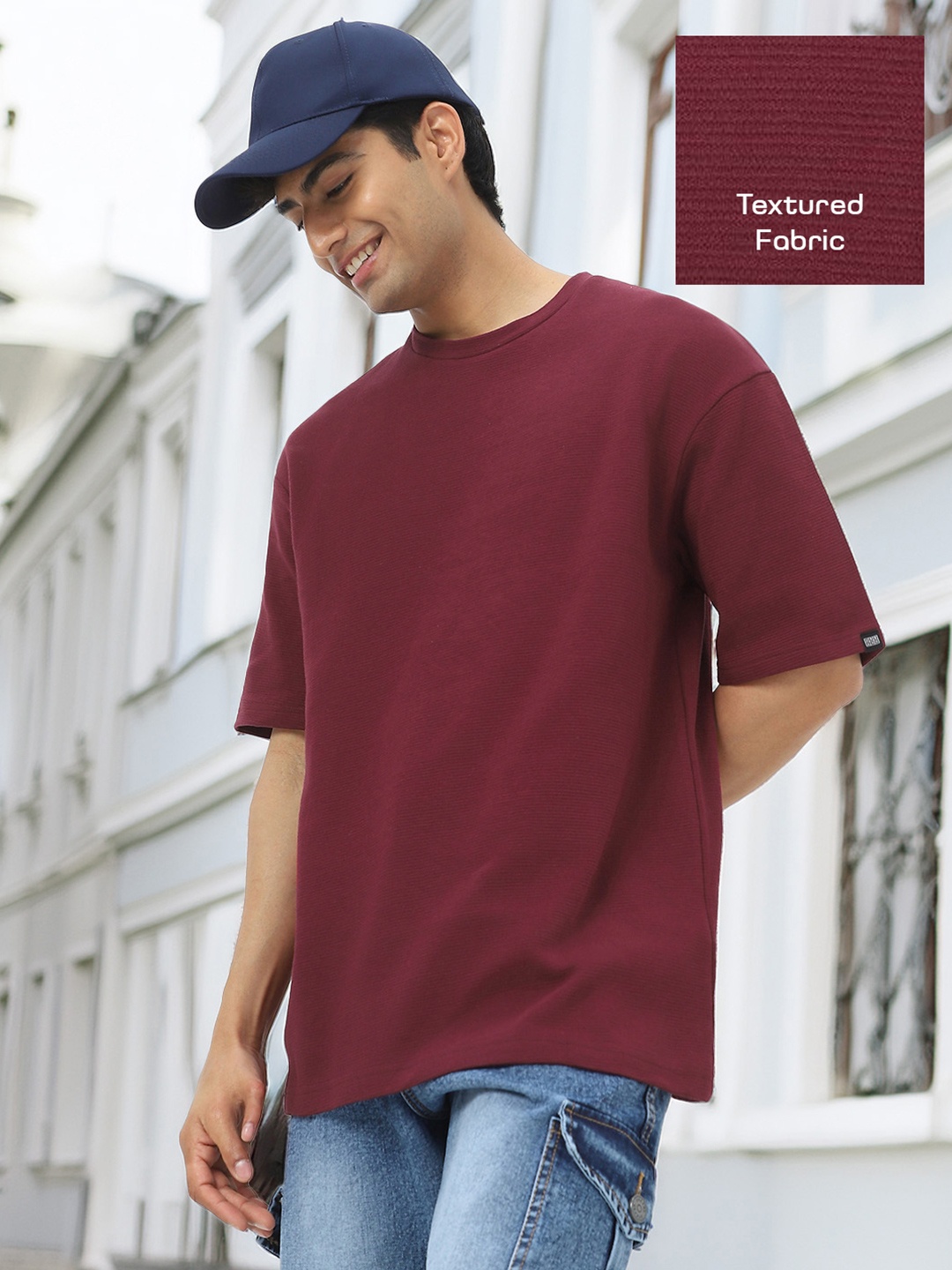 

Urbano Fashion Men Textured Round Neck Oversized Half Sleeve Cotton T-Shirt, Maroon