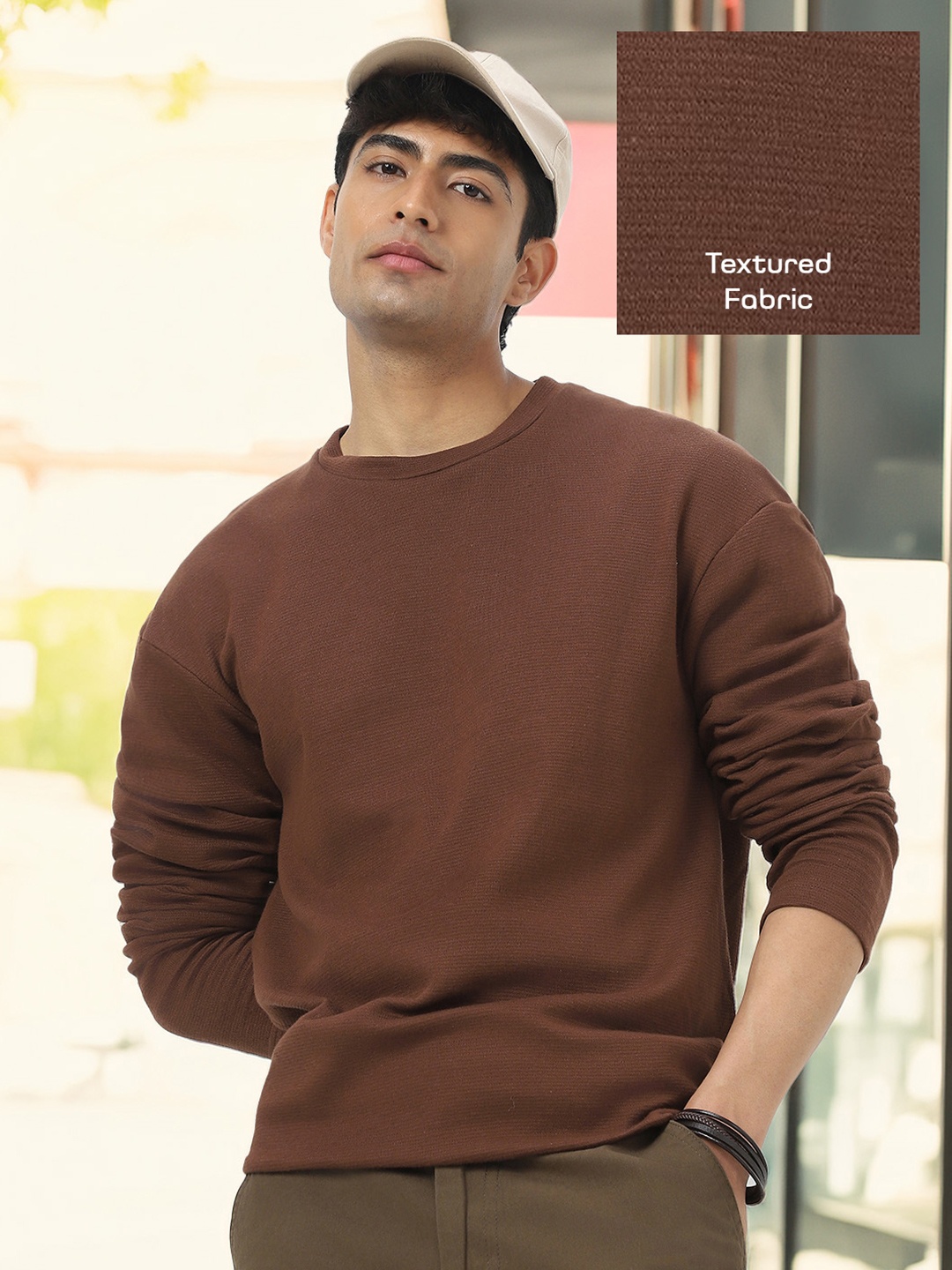 

Urbano Fashion Men Textured Round Neck Oversized Full Sleeve Cotton T-Shirt, Brown