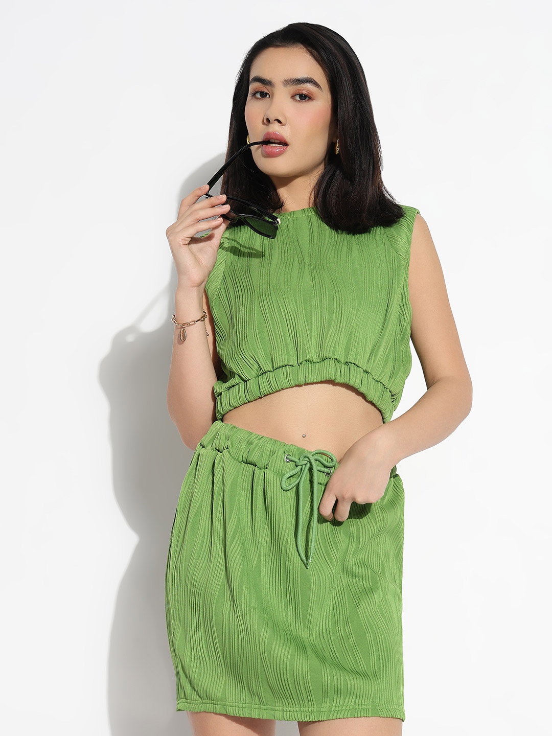 

SHOWOFF Round Neck Crop Top With Skirt, Green