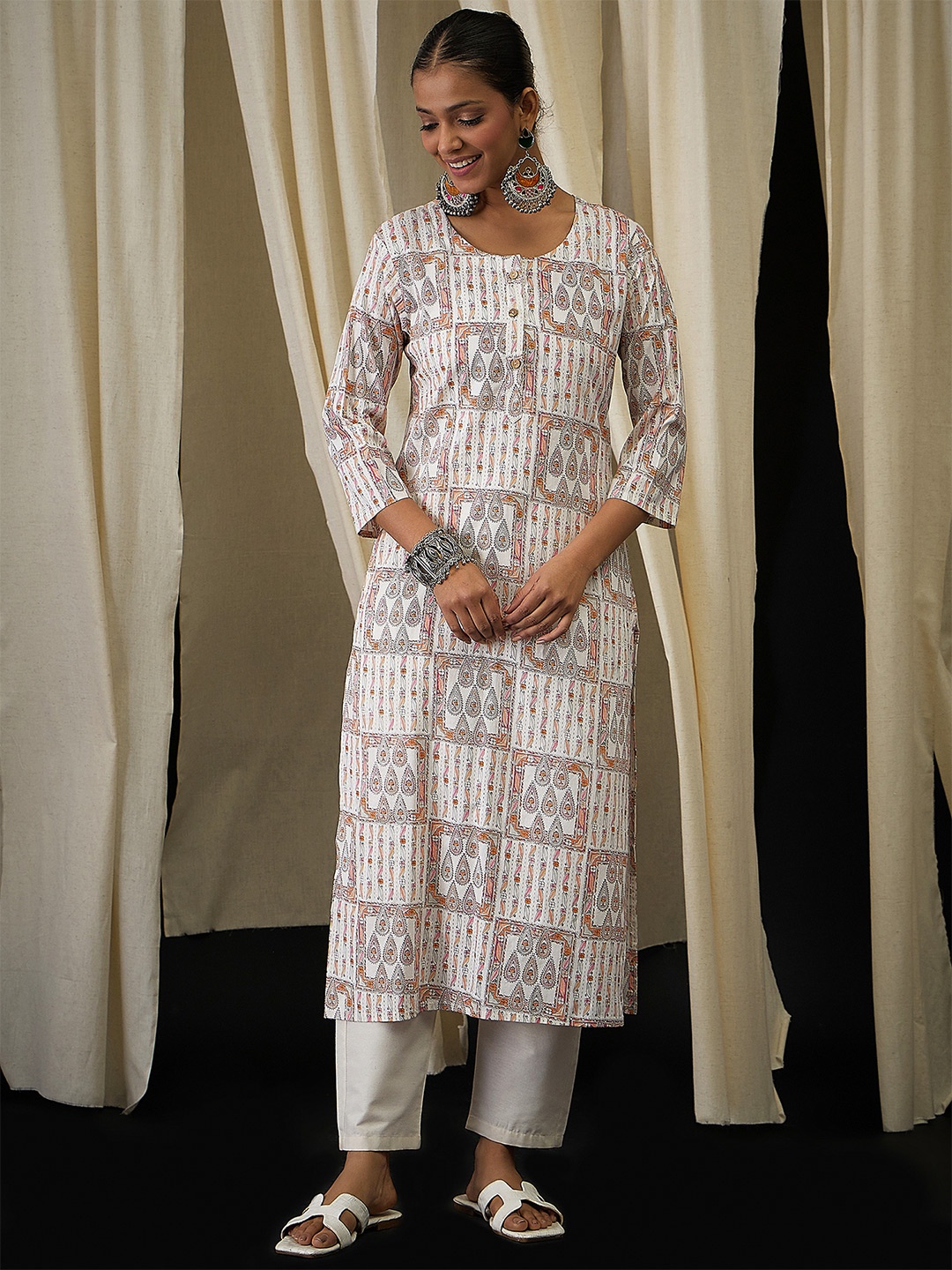 

Anouk Ethnic Motifs Printed Cotton Straight Kurta, White