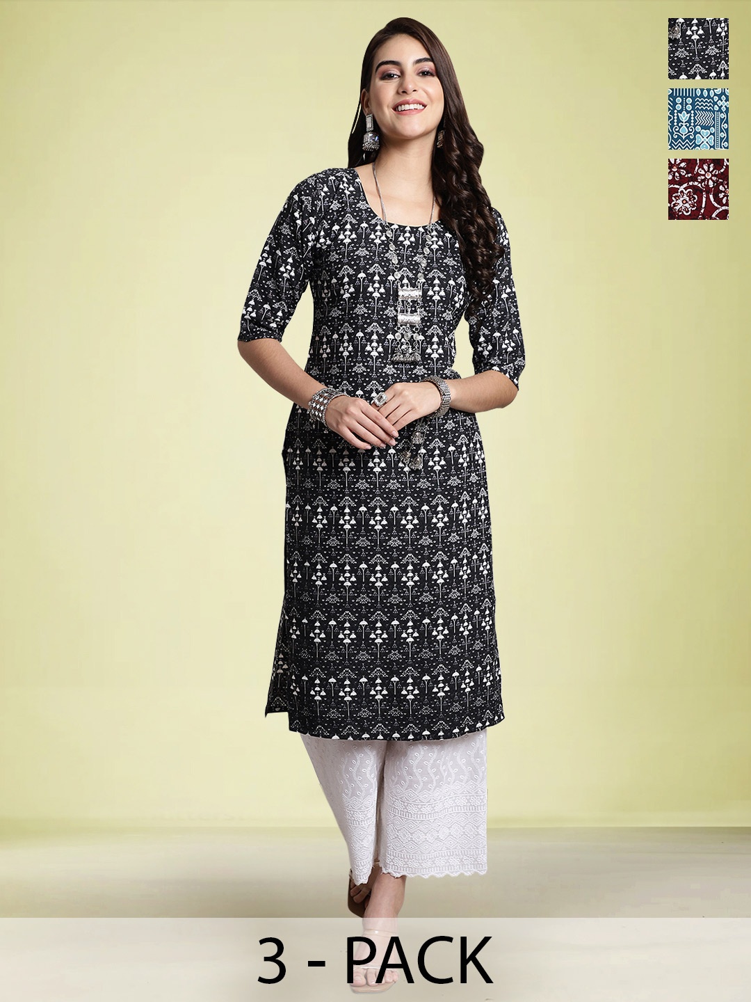 

Moda Rapido Selection Of 3 Ethnic Motifs Printed Round Neck Straight Kurtas, Black