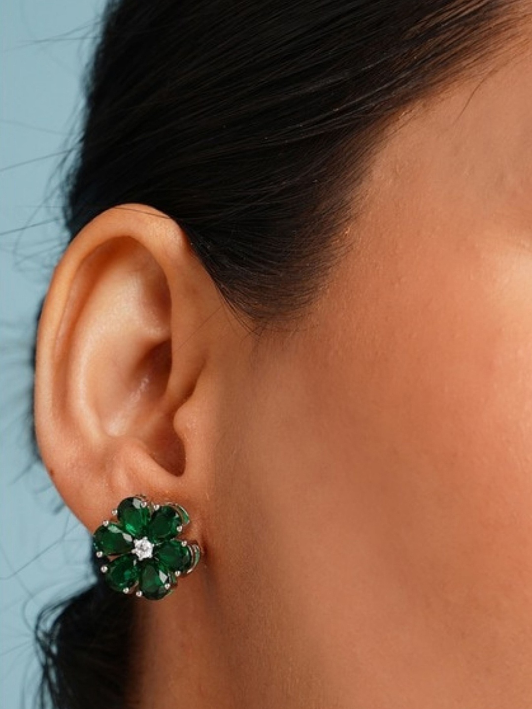 

ABDESIGNS Elegant Silver Plated Floral Shaped American Diamond Studs Earrings, Green