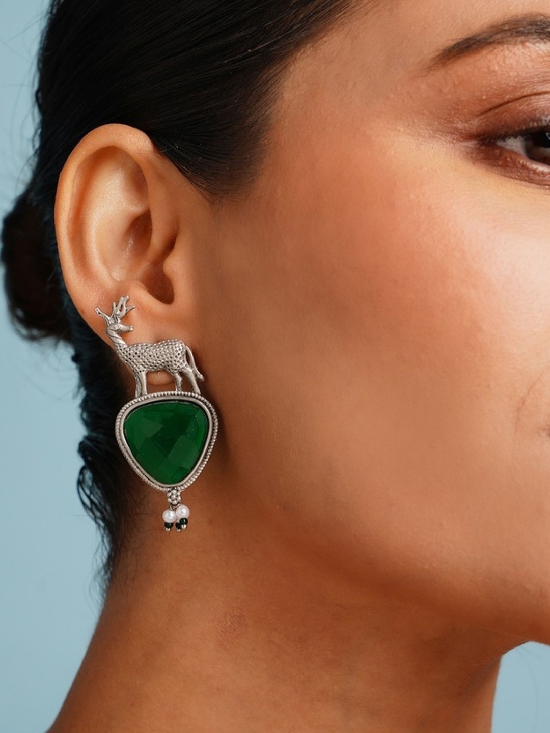 

ABDESIGNS German Silver Triangular Shaped Silver Plated Artificial Stones Drop Earrings, Green